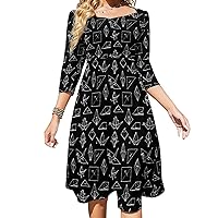 Origami Crane Paper Midi Dresses for Women Tie Flared A-Line Swing 3/4 Sleeves Cute Sundress