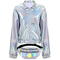 Women's Holographic Metallic Long Sleeve Zipper Jacket and Shiny Fanny Pack Waist Bag, X Large(Silver)