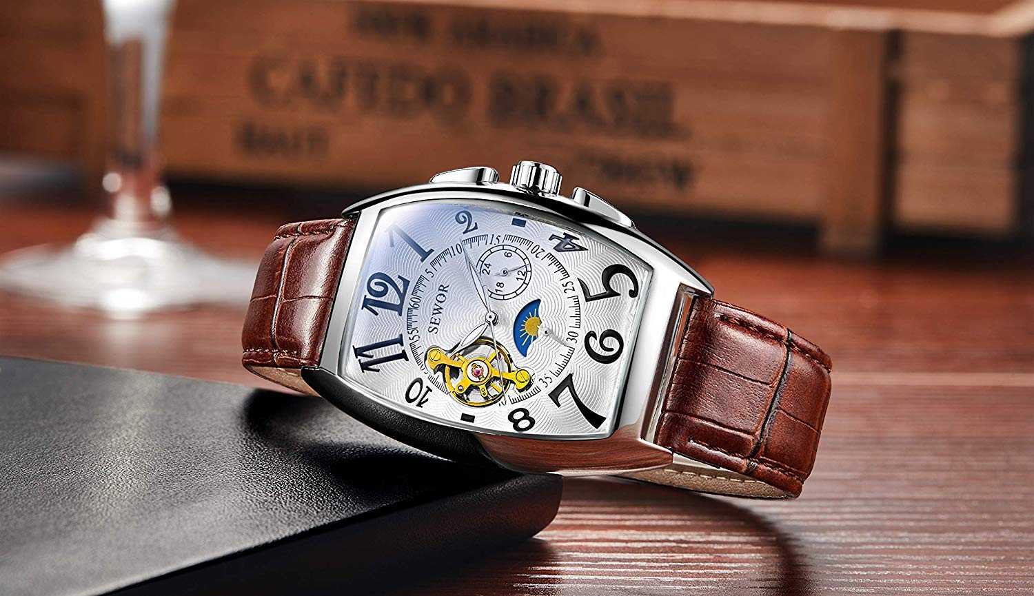 SEWOR Luxury Tourbillon Herren Mondphase automatische mechanische Armbanduhr Lederband Glasbeschichtung blau