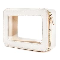 Large Makeup Bag Cosmetic bags, Travel Toiletry Bag for Women, Clear Make up Bag Case, Chic Makeup Pouch with Transparent Vinyl Windows & Gold Zippers(White)