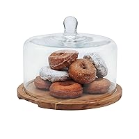 Libbey Acacia Wood Cake Stand with Dome Lid, Ball Top Handle Cake Holder with Lid, Covered Cake Stand, Durable Glass Dome Cover