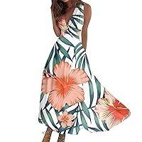 Maxi Dresses for Women 2024 Sundress Spring Summer Fashion Hawaiian Print V-Neck Sleeveless Tunic Dresses