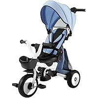 Baby Tricycle, 4-in-1 Folding Toddler Tricycle with Adjustable Parent Handle, Removable Canopy, Rotatable Seat, Safety Harness & Storage, Kids Trike for 18 Months - 5 Year Old, Blue
