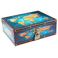 Vintage Wood and Leather Treasure Chest with Lid and Lock - Small Decorative Wooden Box Keepsakes Storage Box for Birthday Travel Letter Home Decoration - Retro World Map 10.6
