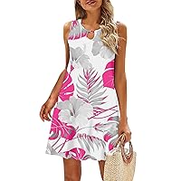 Beach Dresses for Women 2024 Vacation,Womens Hawaiian Print Crewneck Sleeveless Summer Dresses Flowy Beach Dresses