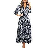Bohemian Dress Floral Dress for Women Vintage Classic Casual Loose Fit with Flare Long Sleeve V Neck Button Down Dresses Navy XX-Large