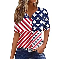 Womens Summer American USA Flag 4Th of July Shirts Button V Neck Tops Short Sleeve Patriotic Tshirts Star Stripes Tee