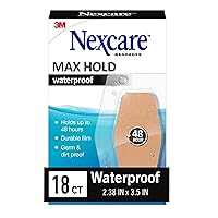 Nexcare Max Hold Waterproof Bandages, Stays On for 48 Hours, Flexible Bandages for Fingers, Knees and Elbow - 18 Pack Clear Waterproof Bandages