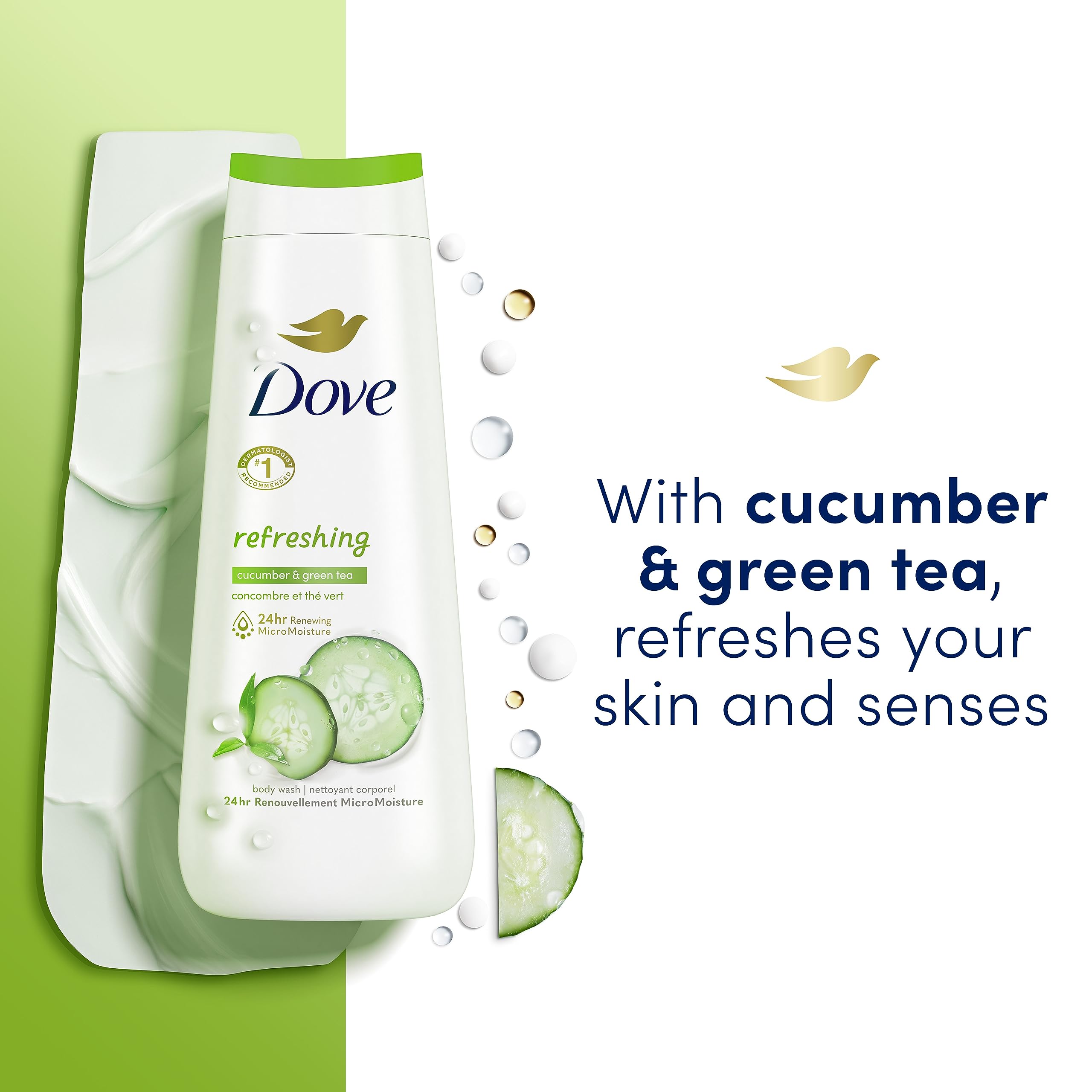 Dove Body Wash Deep Moisture, Sensitive Skin, Cucumber and Green Tea, and Shea Butter & Vanilla Collection 4 Count Skin Cleanser with 24hr Renewing MicroMoisture 20 oz