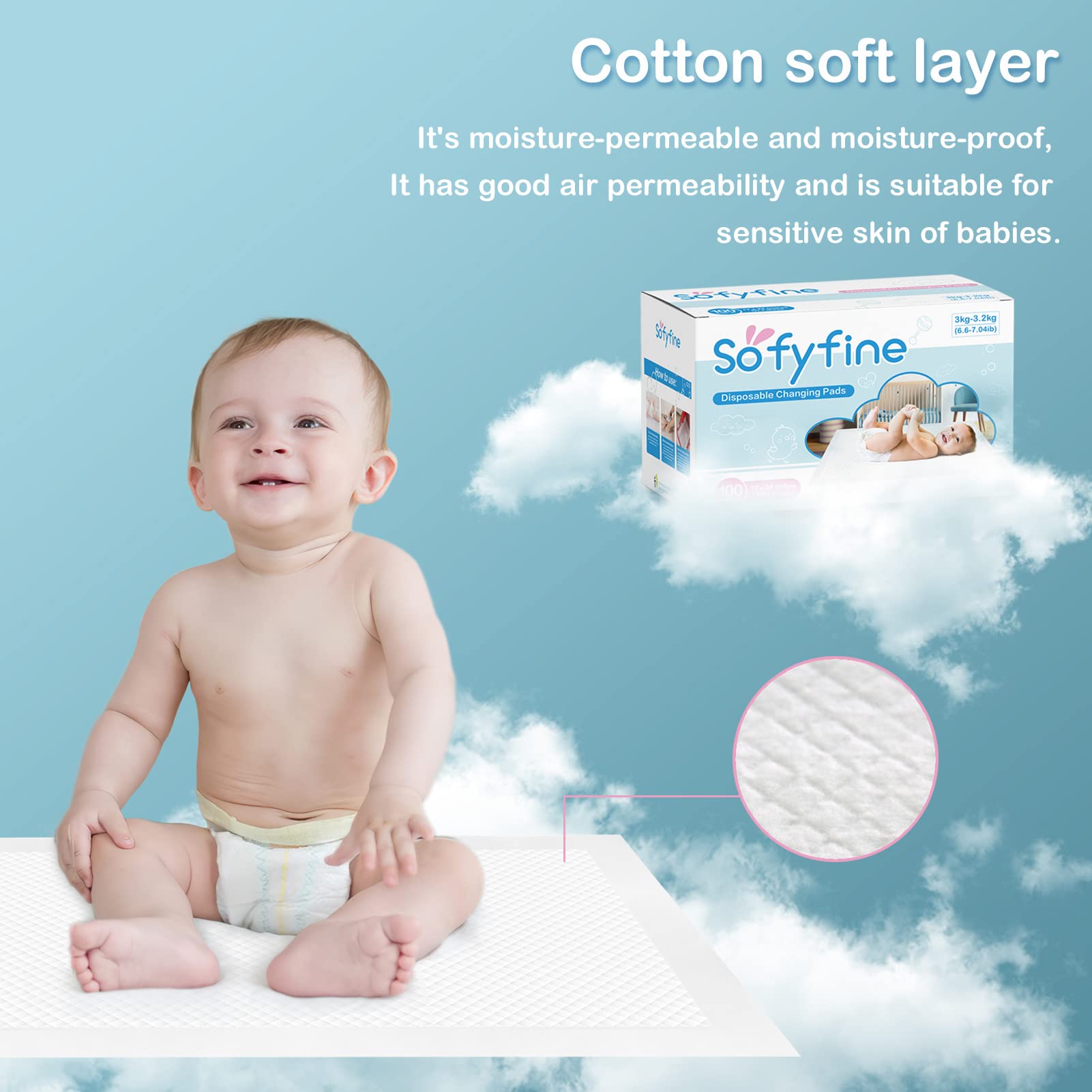 SOFYFINE Disposable Changing Pads for Baby 17x24 (100 Count), Heavy Absorbent Diaper Underpads for Changing Table, Waterproof Toddler Pee Pad (White, 30g/Piece, 2g SAP)