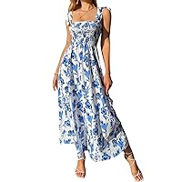 MakeMeChic Women's Summer Boho Dress Casual Floral Print Spaghetti Strap Square Neck Long Maxi Dress Beach Sun Dress