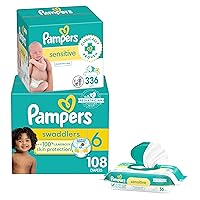 Swaddlers Disposable Baby Diapers Size 6, One Month Supply (108 Count) with Sensitive Water Based Baby Wipes 6X Pop-Top Packs (336 Count) [Packaging May Vary]