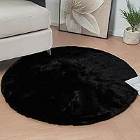 Black Round Plush Rugs for Bedroom Faux Bunny Fuzzy Washable Fur Area Rugs for Living Room Small Circle Nursery Rug 4ft Cute Room Décor
