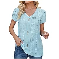 Summer Tops for Women 2024 Fashion Petal Short Sleeve T Shirt V Neck Eyelet Tops Summer Trendy Casual Dressy Blouses