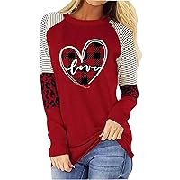 Valentine Leopard Plaid Love Heart Shirt Blouses for Women Color Block Splicing Long Sleeve Tshirt Valentine's Day Gift