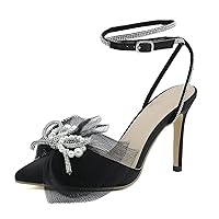 Women's Heels with Satin Bow Rhinestone Pointed Toe Ankle Strap Kitten Heels Stilettos High Heels Closed Toe Slingback High Heels Sexy Party Prom Dress Pumps