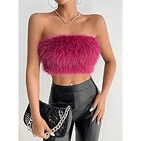 Women's Shirts Women's Tops Shirts for Women Solid Fuzzy Crop Tube Top (Color : Hot Pink, Size : XX-Small)