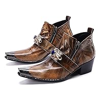 Mens Western Boots Leather Fashion Luxury Brown Casual Metal Tip Slip on Zipper Dress Shoes