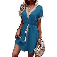 PRETTYGARDEN Women's Casual Summer Dresses Trimmed Short Sleeve V Neck Tie Front Flowy Dress