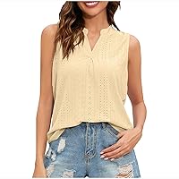 V Neck Tank Tops for Women Collared Sleeveless Tunic Eyelet Embroidery Ruched Casual Loose Summer Vacation Shirt Blouse