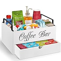 Coffee Bar Accessories Organizer Countertop, Wood Coffee Station Organizer with Handle, K Cup Storage Basket Coffee Pod Holders with Drawer, Farmhouse Coffee Organizer Station for Coffee Bar Decor
