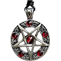 Inverted Pentagram Star Red Crystal Silver Pewter Pendant Necklace Black Cord