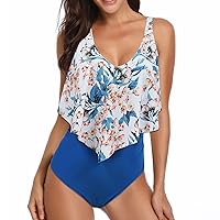 Womens High Waisted Swimsuits Scoop Neck Ruffle One Piece Bathing Suits Push Up