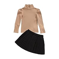 Baby Toddler Girls Outfits Puff Sleeve Shirts Sweater Top and Pleated Mini Skirts Set Kids Girls 2 Piece Clothes