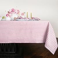Solino Home Striped Linen Tablecloth 60 x 108 Inch – 100% Pure Linen Cherry Blossom and White Tablecloth – Machine Washable Rectangular Tablecloth for Spring, Summer – Amalfi Stripe