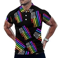 Rainbow LGBTQ Gay Pride Flag Men's Golf Polo-Shirt Casual Short Sleeve T-Shirt Classic Slim Fit Tee Tops
