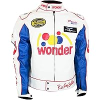 Mens Ricky Racing Nights Motorcycle Patches White Leather Biker Jacket