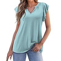 Womans Tops Ruched Tops for 2024 Summer Women Solid Color Fashion Sexy Elegant Loose with Short Sleeve V Neck Flowy Blouses Light Blue 3X-Large