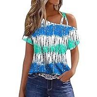 One Shoulder Shirts for Women Sexy Printing Short Sleeve Tee Tops Summer Dressy Loose Fit Blouse
