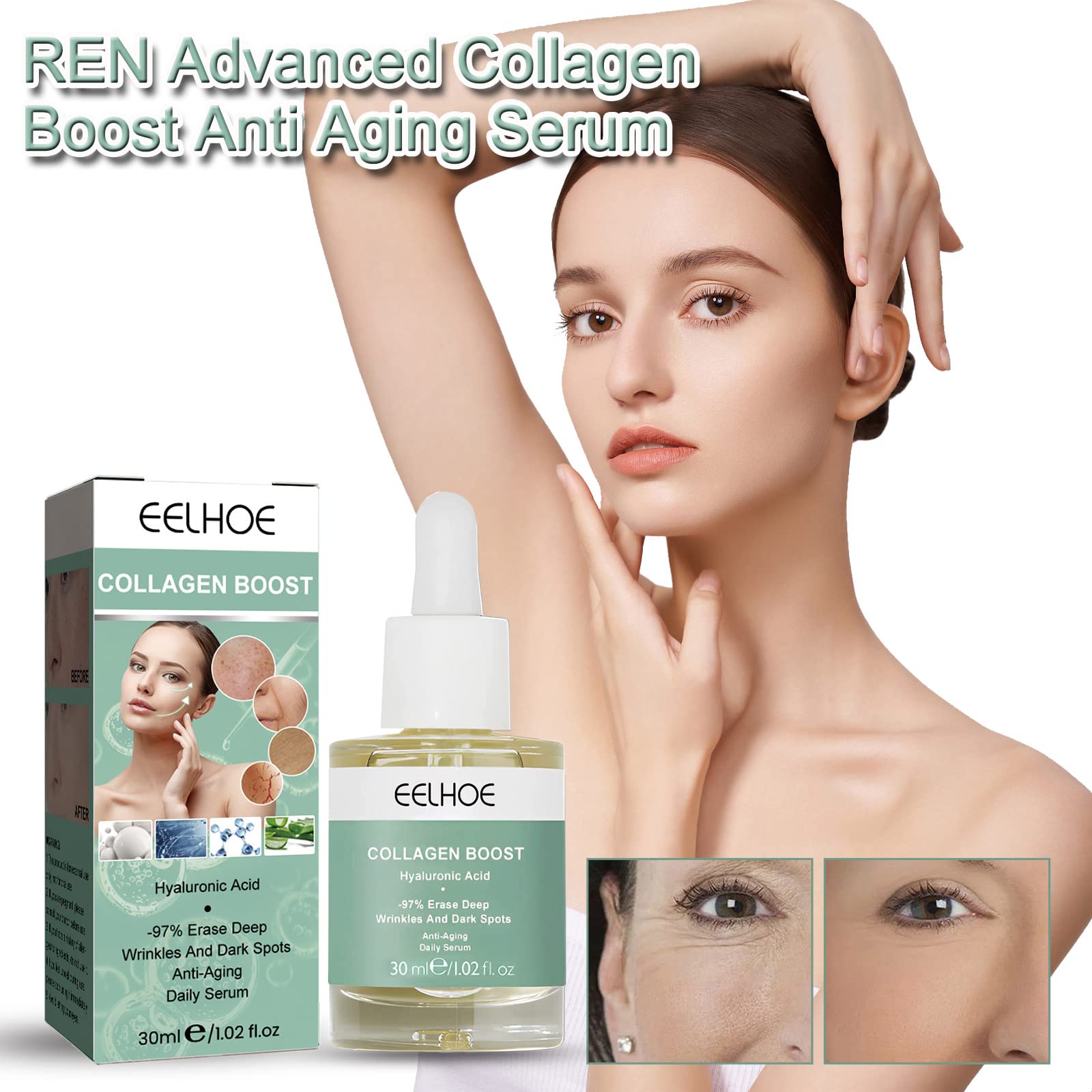 3Pcs Ren Advanced Collagen Boost Anti Aging Serum,Ren Boost Anti Aging Serum, Ren Collagen Peptide Serum for Face Wrinkles, Erase Wrinkles, Brightens Skin for All Skin Types