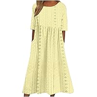 Women Babydoll Midi Dress Summer Embroidery Eyelet Casual Loose A-Line Dress Short Sleeve Crewneck Beach Shirt Dress