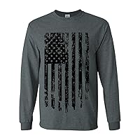 Distressed American Flag Patriotic USA Flag Sleeve Long Sleeve T-Shirt Graphic Tee-Heather Grey-Large