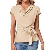 JASAMBAC 2024 Womens Tops Dressy Casual Cowl Neck Blouse Loose Fit Solid Color Summer Short Sleeve Shirts with Belt