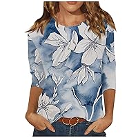 Women's T-Shirts Summer 3/4 Sleeve Cute Blouses Floral Casual Dressy Shirts Boho Loose Fit Crew Neck Tops