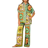 Kissonic Womens 2 Piece Linen Sets Print Short Sleeve Button Down Shirt Wide Leg Pants Lounge Pajama Boho Summer Suit