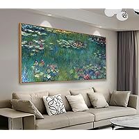 Framed Canvas Wall Art Water Lilies by Claude Monet Panoramic Scenery Painting - Long Green Garden Canvas Artwork Reproductions Contemporary Nature Pictures for Home Office Wall Decor 30