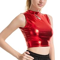 TiaoBug Women's Metallic Liquid Sleeveless Mock Neck Turtleneck Crop Tank Tops Clubwear