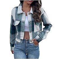 Plaid Shirts for Women Casual Wool Blend Fall Clothes Shacket Jacket Long Sleeve Funny Shirt Blouses with Button Down