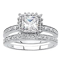 PalmBeach Platinum-plated Sterling Silver Princess Cut Created White Sapphire and Diamond Accent Halo Engagement Ring Sizes 6-10