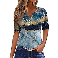 Tops for Women Women's Casual V Neck Short Sleeve T Shirts Basic Summer Tops Button Loose Print Blouse