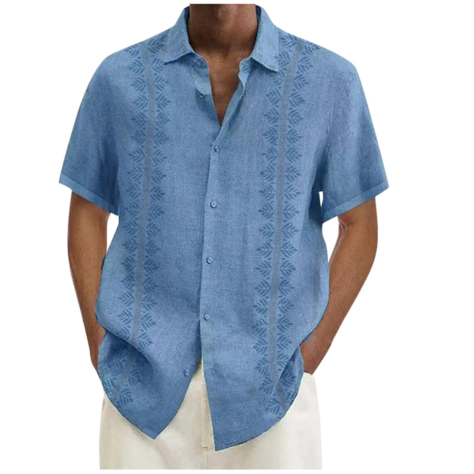 Buy SJWCLYS Button Down Linen Short Sleeve Shirts for Men, Casual Pleated  Guayabera Cuban Collar Summer Beach Shirt