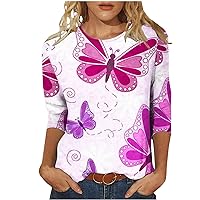 Sexy Tops for Women,Round Neck Vintage Print Graphic Shirt 3/4 Sleeve T Shirts for Women Going Out Tops for Women