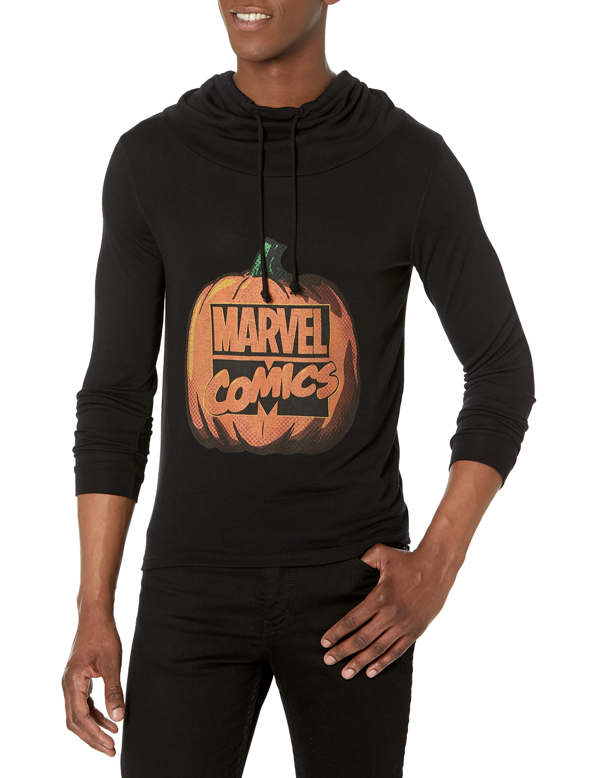 Marvel Men's Comics Logo Halloween Pumpkin Cowl Neck