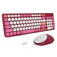 Wireless Keyboard and Mouse Combo, 2.4GHz USB Cordless Round Keys Set for Laptop, Computer, TV (White+Rose Red)