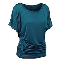 Boat Neck Dolman Top for Women, Short Sleeve, Solid Color, with Side Shirring Detail