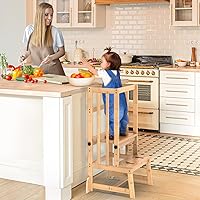 Toddler Tower, Adjustable Height Toddler Step Stool with CPC Certification, Safety Rail & Anti-tip Feet & Non-Slip Tapes Vertical Guardrail Toddler Stool for Kitchen, Natural Bamboo